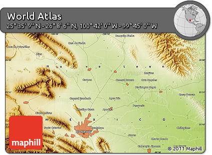 Physical Map of the Area around 25° 51' 37" N, 100° 13' 29" W