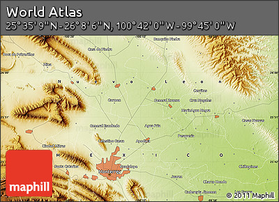 Physical Map of the Area around 25° 51' 37" N, 100° 13' 29" W