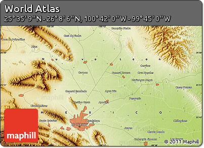 Physical Map of the Area around 25° 51' 37" N, 100° 13' 29" W