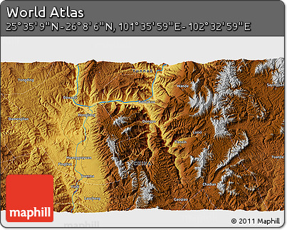 Physical 3D Map of the Area around 25° 51' 37" N, 102° 4' 29" E