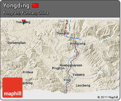 Shaded Relief Panoramic Map of Yongding