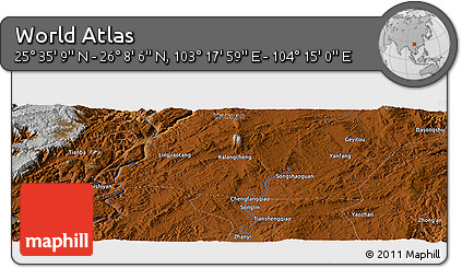 Physical Panoramic Map of the Area around 25° 51' 37" N, 103° 46' 30" E