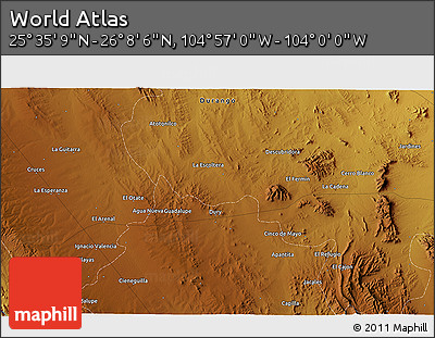Physical 3D Map of the Area around 25° 51' 37" N, 104° 28' 29" W