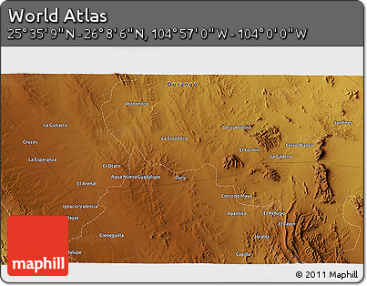 Physical 3D Map of the Area around 25° 51' 37" N, 104° 28' 29" W