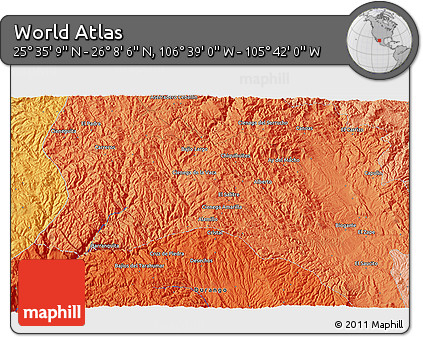 Political 3D Map of the Area around 25° 51' 37" N, 106° 10' 30" W