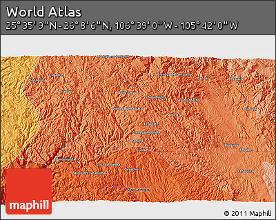 Political 3D Map of the Area around 25° 51' 37" N, 106° 10' 30" W