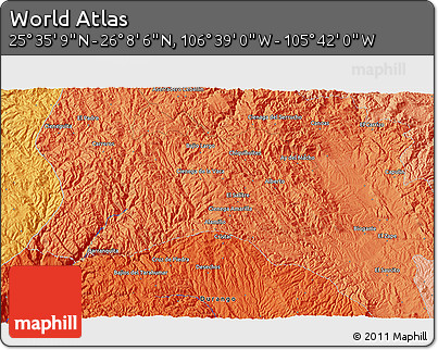Political 3D Map of the Area around 25° 51' 37" N, 106° 10' 30" W