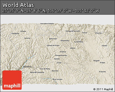 Shaded Relief 3D Map of the Area around 25° 51' 37" N, 106° 10' 30" W