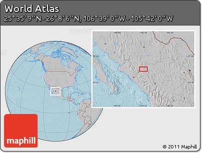 Gray Location Map of the Area around 25° 51' 37" N, 106° 10' 30" W, hill shading