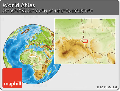 Physical Location Map of the Area around 25° 51' 37" N, 10° 16' 30" E