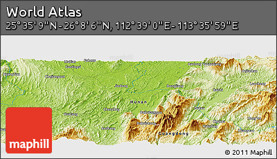 Physical Panoramic Map of the Area around 25° 51' 37" N, 113° 7' 30" E