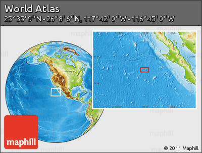Physical Location Map of the Area around 25° 51' 37" N, 117° 13' 29" W