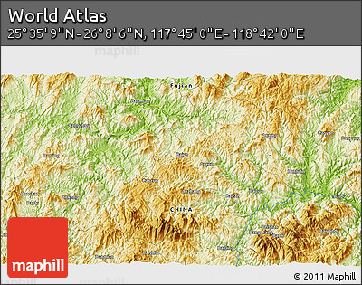 Physical 3D Map of the Area around 25° 51' 37" N, 118° 13' 29" E