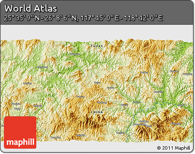 Physical 3D Map of the Area around 25° 51' 37" N, 118° 13' 29" E