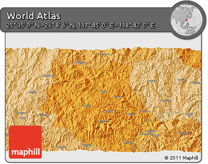 Political 3D Map of the Area around 25° 51' 37" N, 118° 13' 29" E