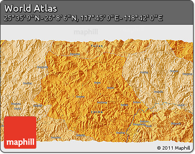 Political 3D Map of the Area around 25° 51' 37" N, 118° 13' 29" E