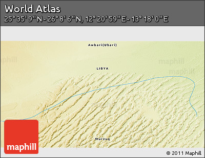 Physical 3D Map of the Area around 25° 51' 37" N, 12° 49' 29" E