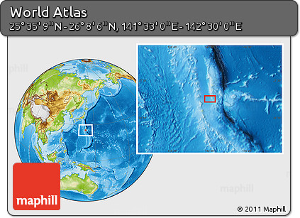 Physical Location Map of the Area around 25° 51' 37" N, 142° 1' 30" E