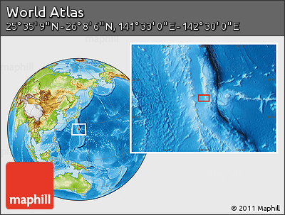 Physical Location Map of the Area around 25° 51' 37" N, 142° 1' 30" E