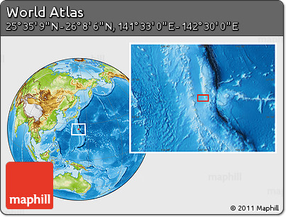 Physical Location Map of the Area around 25° 51' 37" N, 142° 1' 30" E
