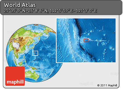 Physical Location Map of the Area around 25° 51' 37" N, 144° 34' 29" E