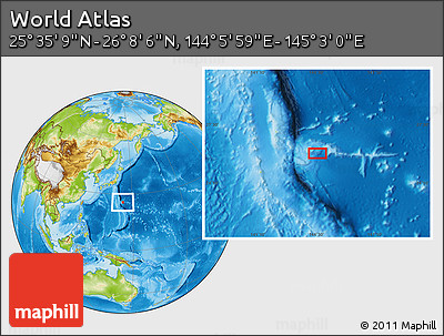 Physical Location Map of the Area around 25° 51' 37" N, 144° 34' 29" E