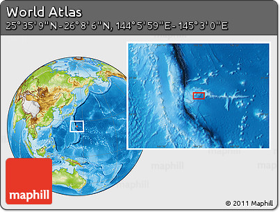 Physical Location Map of the Area around 25° 51' 37" N, 144° 34' 29" E