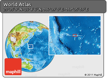 Physical Location Map of the Area around 25° 51' 37" N, 147° 7' 30" E