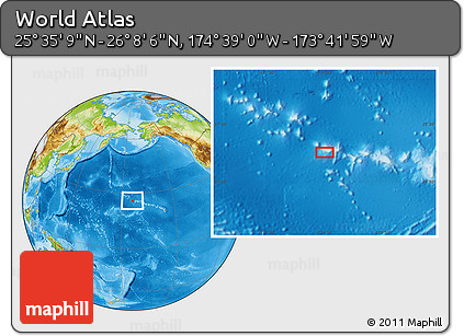 Physical Location Map of the Area around 25° 51' 37" N, 174° 10' 30" W