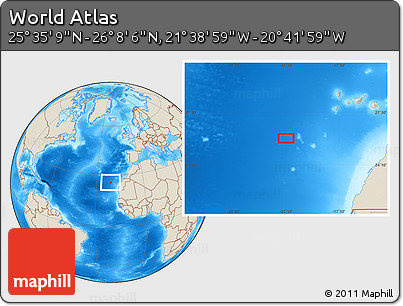 Shaded Relief Location Map of the Area around 25° 51' 37" N, 21° 10' 29" W