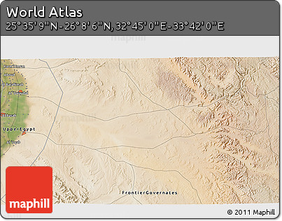 Satellite 3D Map of the Area around 25° 51' 37" N, 33° 13' 30" E