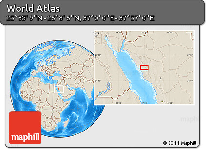 Shaded Relief Location Map of the Area around 25° 51' 37" N, 37° 28' 30" E
