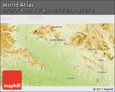 Physical 3D Map of the Area around 25° 51' 37" N, 38° 19' 30" E
