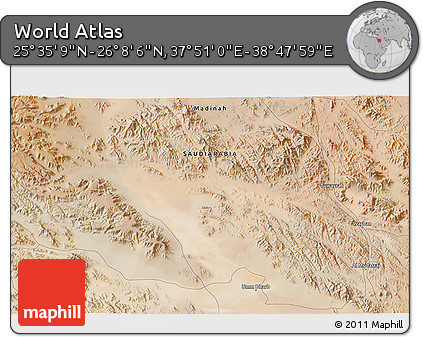 Satellite 3D Map of the Area around 25° 51' 37" N, 38° 19' 30" E