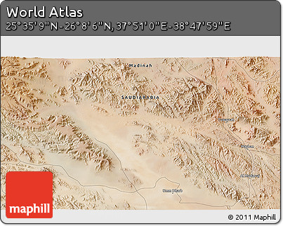 Satellite 3D Map of the Area around 25° 51' 37" N, 38° 19' 30" E
