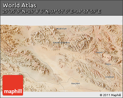 Satellite 3D Map of the Area around 25° 51' 37" N, 38° 19' 30" E