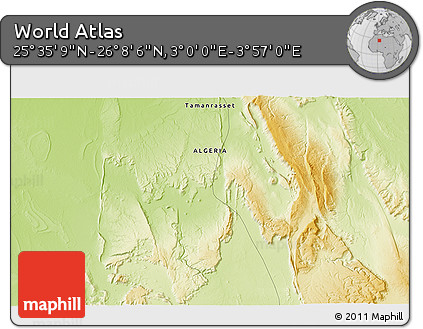 Physical 3D Map of the Area around 25° 51' 37" N, 3° 28' 30" E