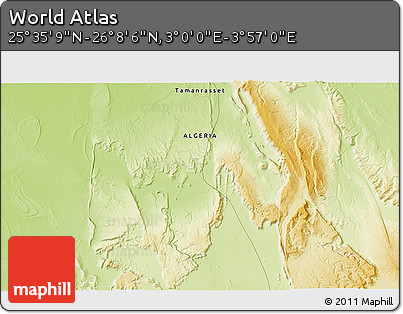 Physical 3D Map of the Area around 25° 51' 37" N, 3° 28' 30" E