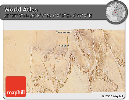 Satellite 3D Map of the Area around 25° 51' 37" N, 3° 28' 30" E
