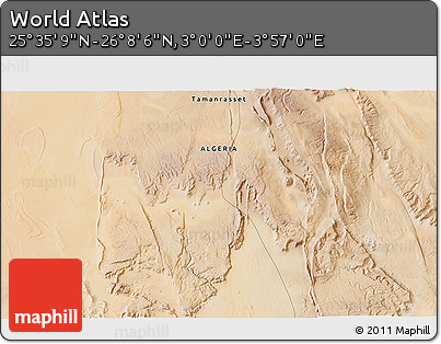 Satellite 3D Map of the Area around 25° 51' 37" N, 3° 28' 30" E