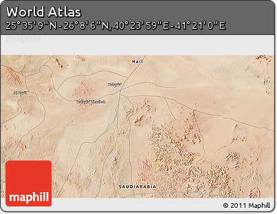 Satellite 3D Map of the Area around 25° 51' 37" N, 40° 52' 30" E
