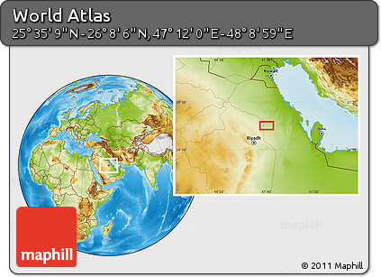 Physical Location Map of the Area around 25° 51' 37" N, 47° 40' 29" E