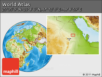 Physical Location Map of the Area around 25° 51' 37" N, 47° 40' 29" E
