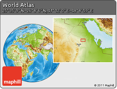 Physical Location Map of the Area around 25° 51' 37" N, 47° 40' 29" E