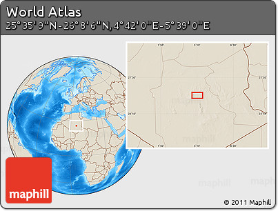 Shaded Relief Location Map of the Area around 25° 51' 37" N, 5° 10' 30" E