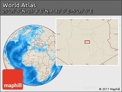 Shaded Relief Location Map of the Area around 25° 51' 37" N, 5° 10' 30" E