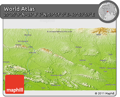 Physical 3D Map of the Area around 25° 51' 37" N, 60° 25' 29" E