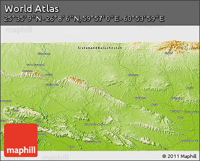 Physical 3D Map of the Area around 25° 51' 37" N, 60° 25' 29" E