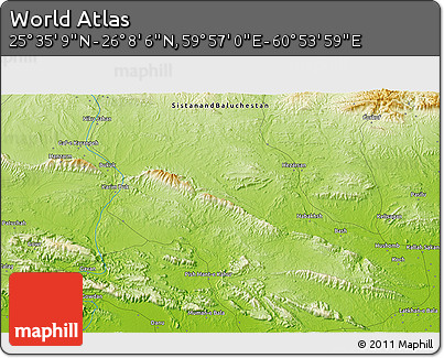 Physical 3D Map of the Area around 25° 51' 37" N, 60° 25' 29" E