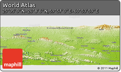 Physical Panoramic Map of the Area around 25° 51' 37" N, 60° 25' 29" E
